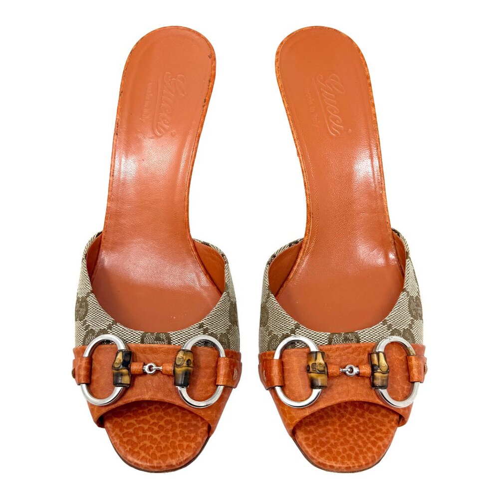 Gucci Horsebit Mules GG Canvas Leather Bamboo Heels Size 37 Italy - Picture 2 of 7